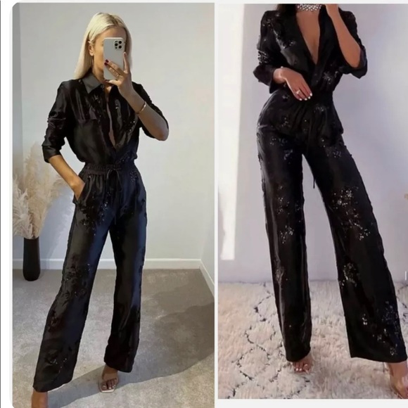 Zara | Pants u0026 Jumpsuits | Zara Woman Nwt Fw2 Gray Green Sequin Embroidered  Pants 2731338 | Poshmark